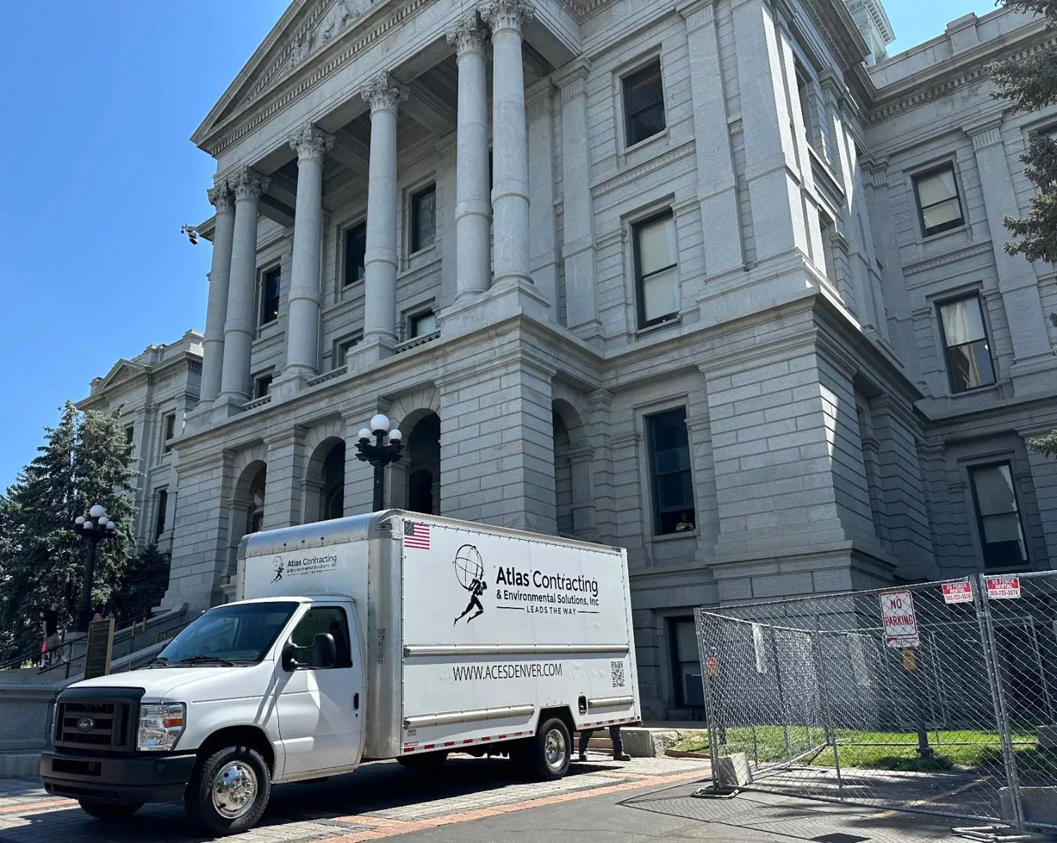 Atlas Contracting box truck parked at the Colorado State Capitol