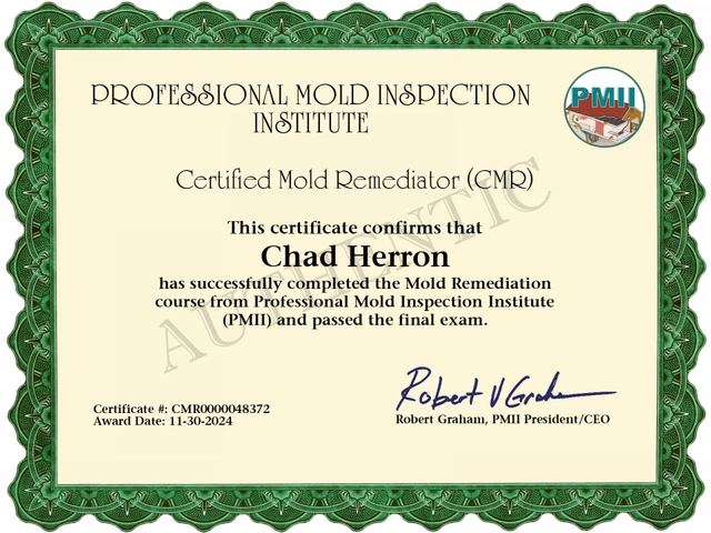 Chad Herron Certified Mold Remediator (CMR) certificate from Professional Mold Inspection Institute