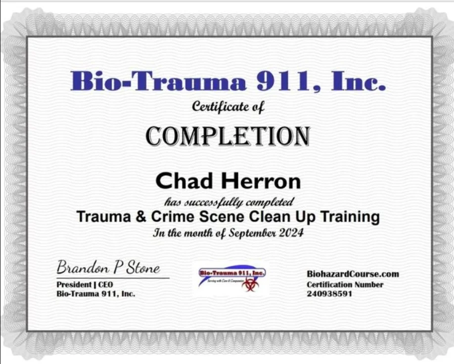 Chad Herron Bio-Trauma and Crime Scene Cleanup training completion certificate