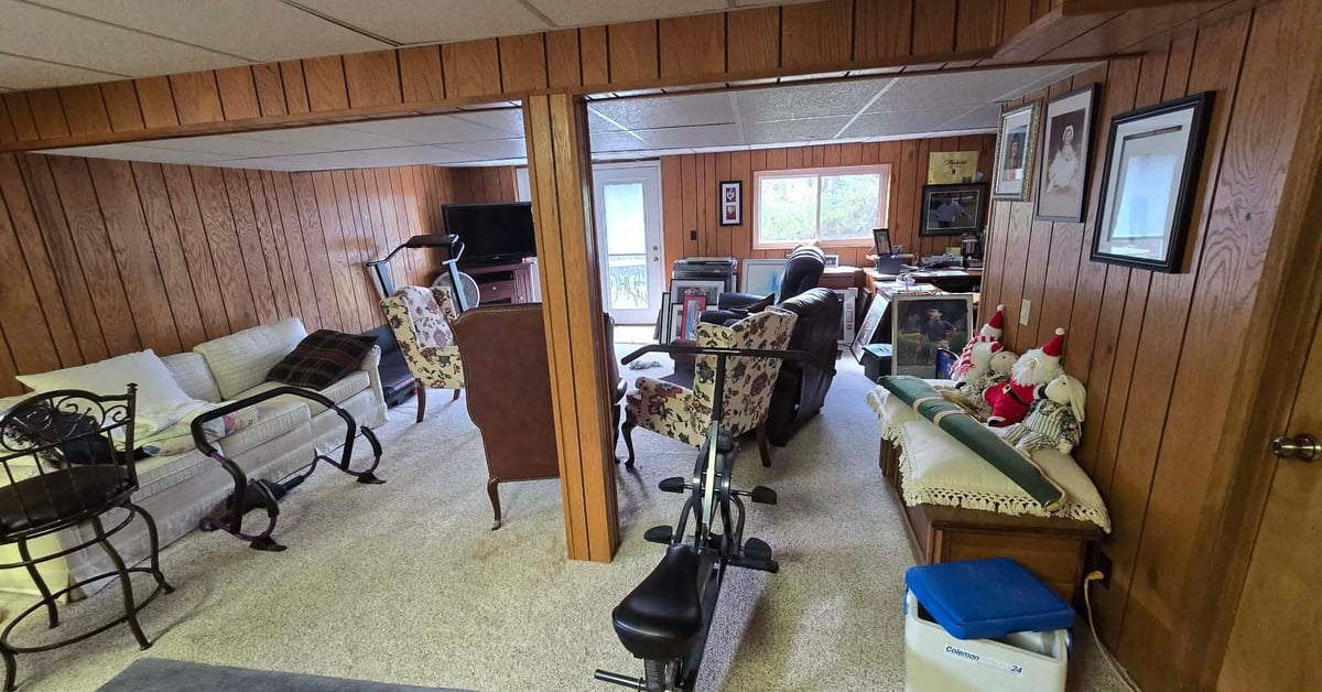 Cluttered basement with wood-paneled walls, couches, exercise bike, and household items.