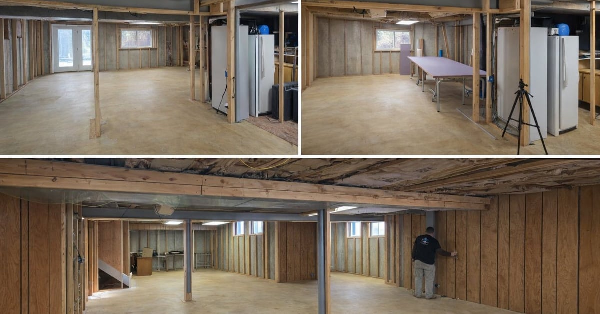 Four-panel collage of basement restoration showing framing, insulation, drywall installation, and a worker on site