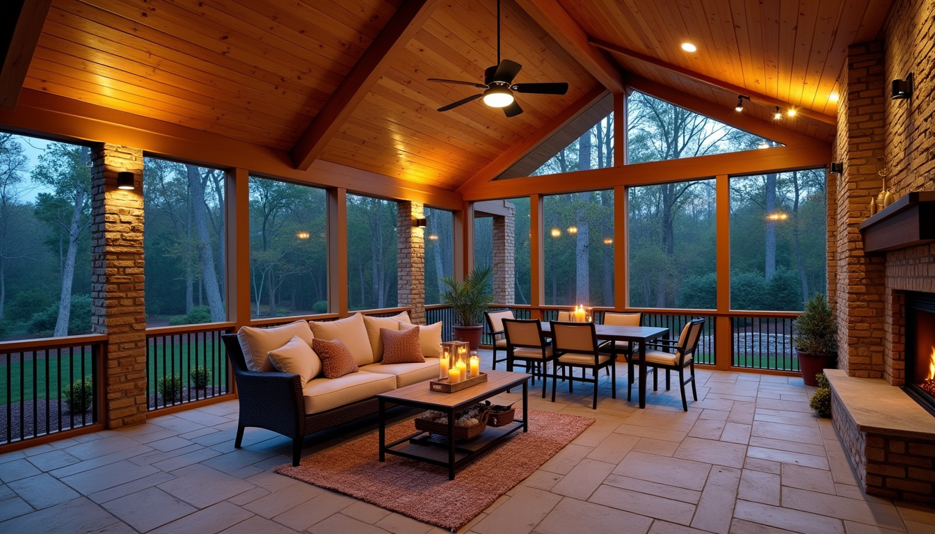 Luxurious finished screened-in porch with cathedral ceiling, stone columns and warm twilight lighting