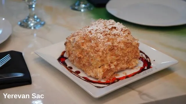Layered Napoleon Pastry with Cream and Crumbles at Yerevan Sac