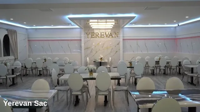 A wide shot of a modern and elegant restaurant dining area at Yerevan Sac