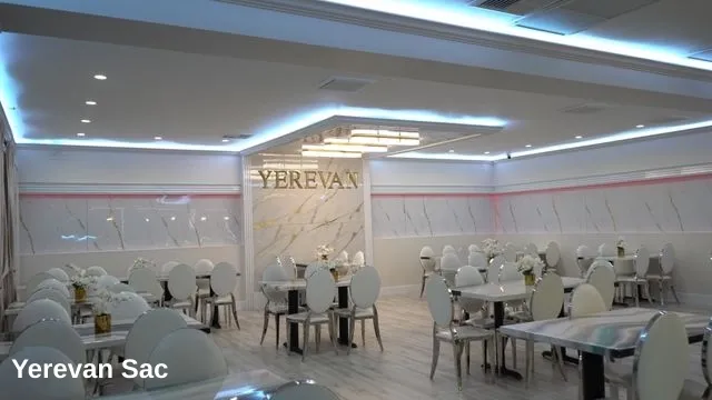 Yerevan Sac restaurant interior, showcasing elegant dining area with traditional Armenian and Georgian decor, comfortable seating, and warm lighting, perfect for a cool indoor retreat in Carmichael.