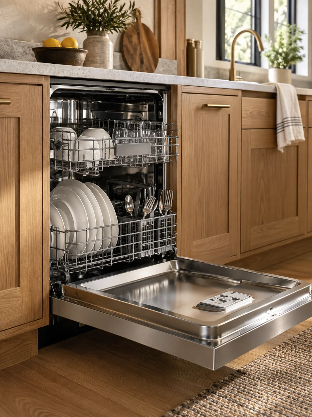 Open undercounter dishwasher with visible racks