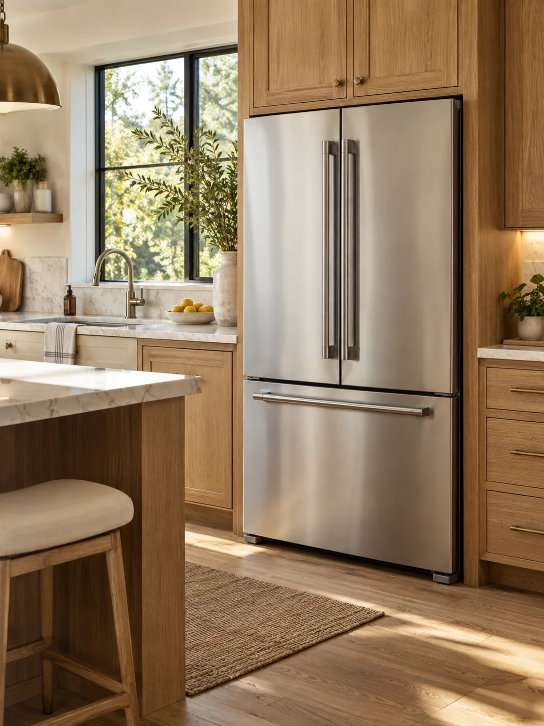 Stainless French door refrigerator in an oak kitchen