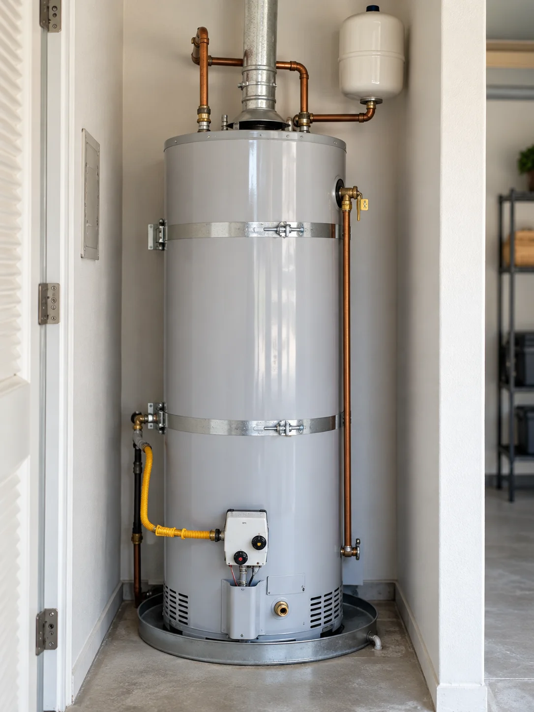 Residential tank water heater in a utility space