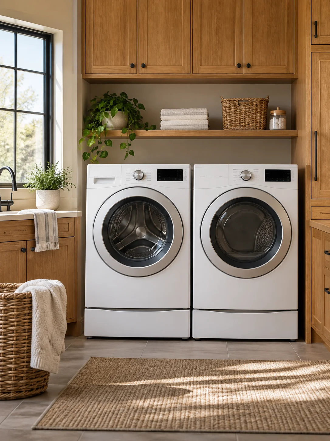Front loading washer and dryer in a home laundry room