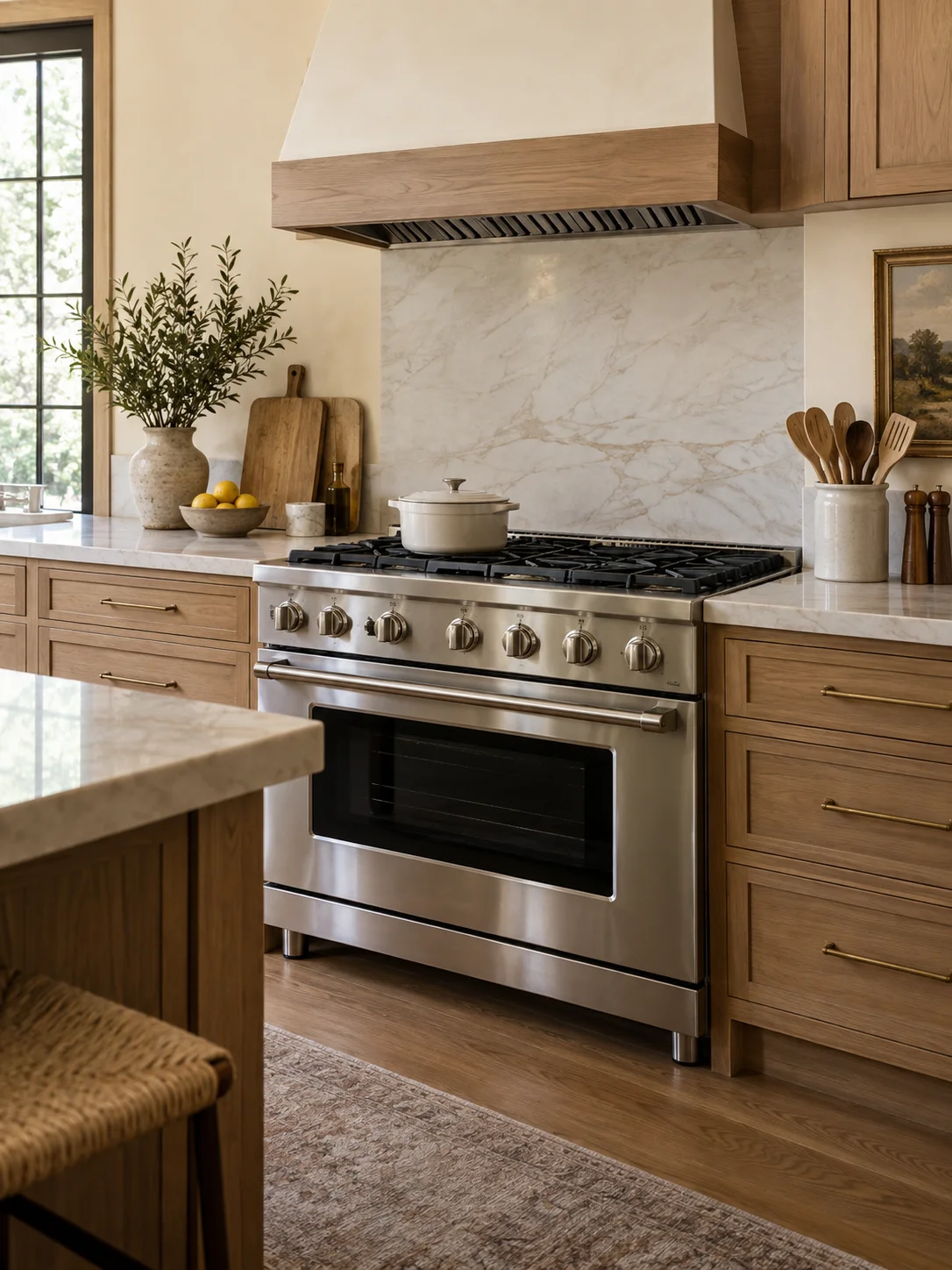 Stainless gas range and oven in an oak kitchen