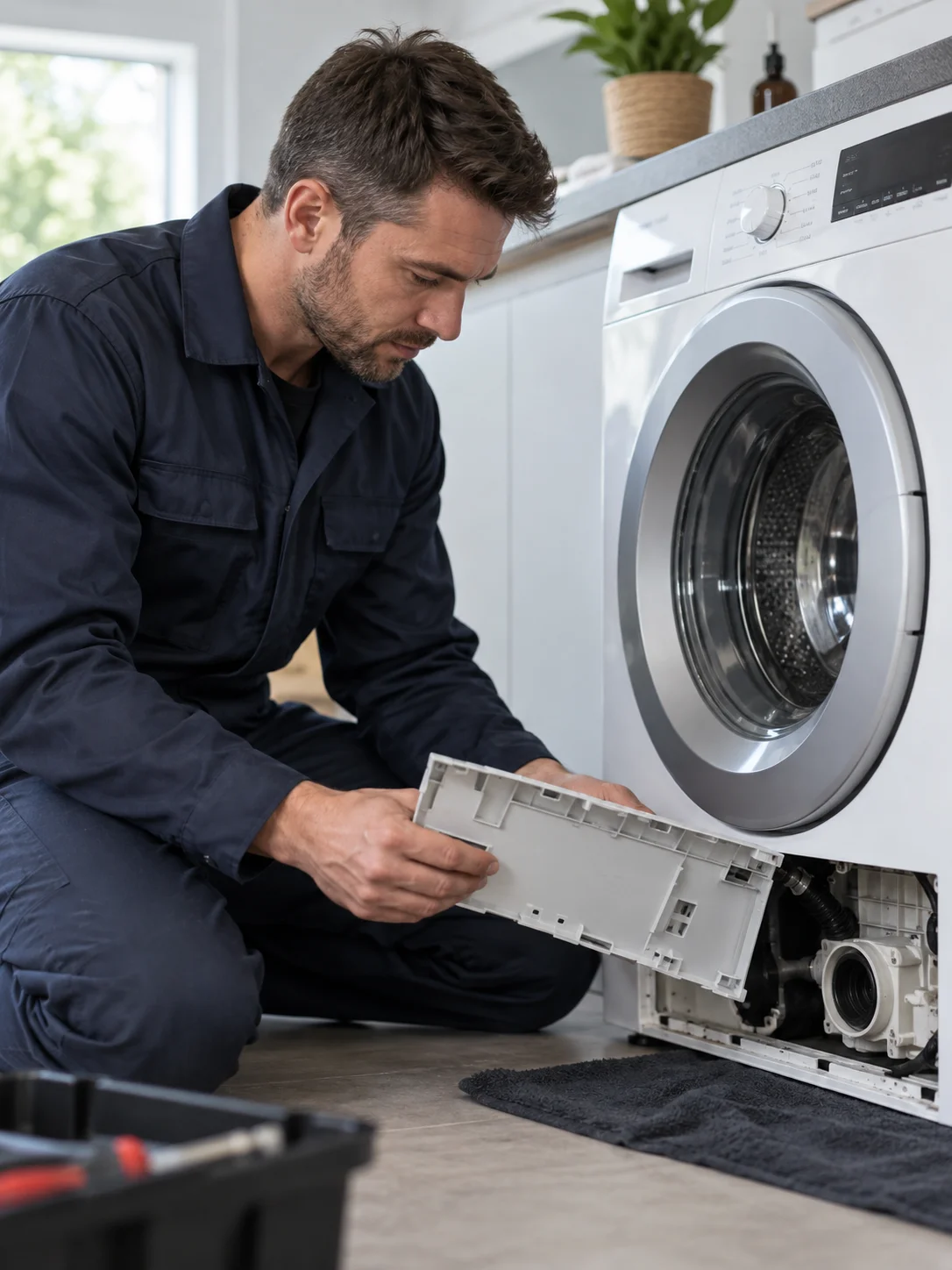 Technician inspecting a washing machine service panel