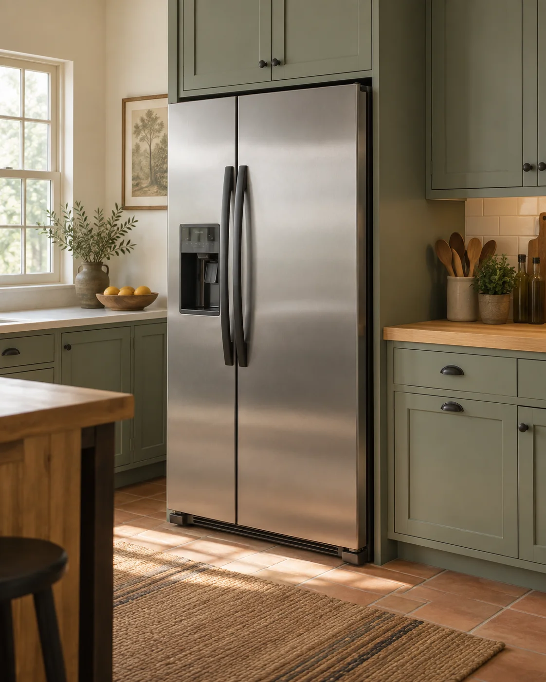Stainless steel refrigerator in a home kitchen