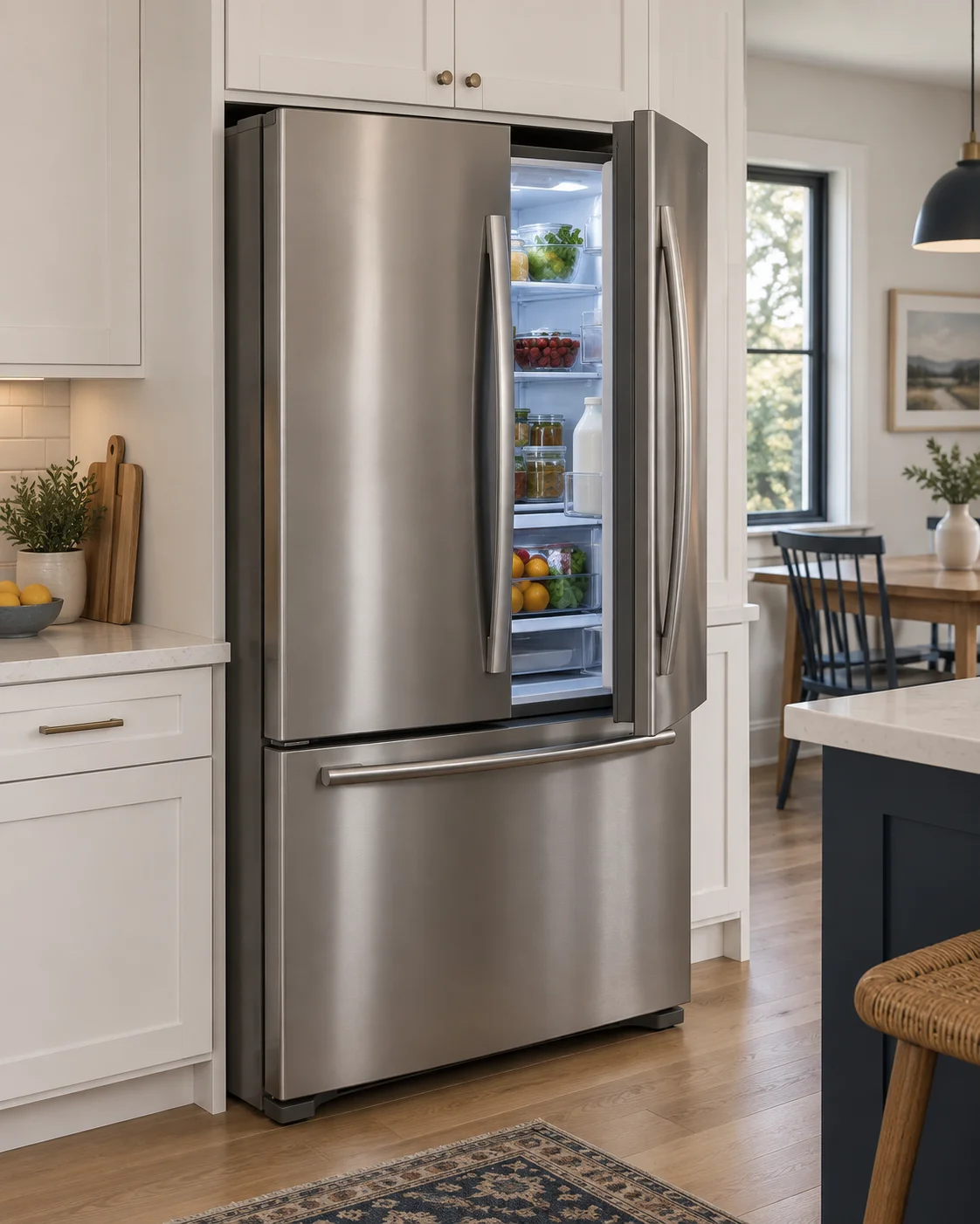 Stainless steel refrigerator in a home kitchen